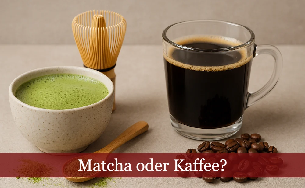 Matcha oder Kaffee - beide Getränke im Bild, Kaffeebohnen, Matchapulver