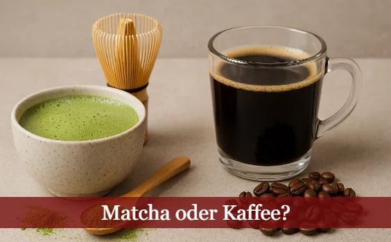 Matcha oder Kaffee - beide Getränke im Bild, Kaffeebohnen, Matchapulver