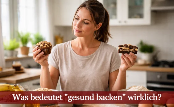 Frau wägt zwischen zwei Kuchen ab. Text: Was bedeutet gesund backen wirklich?